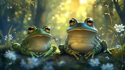Sunlit forest frogs sharing a dreamy golden afternoon.