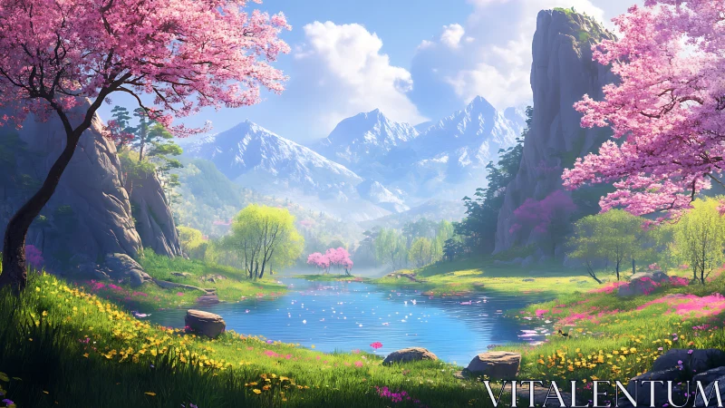 Digital spring valley lake beneath snowcapped peaks.