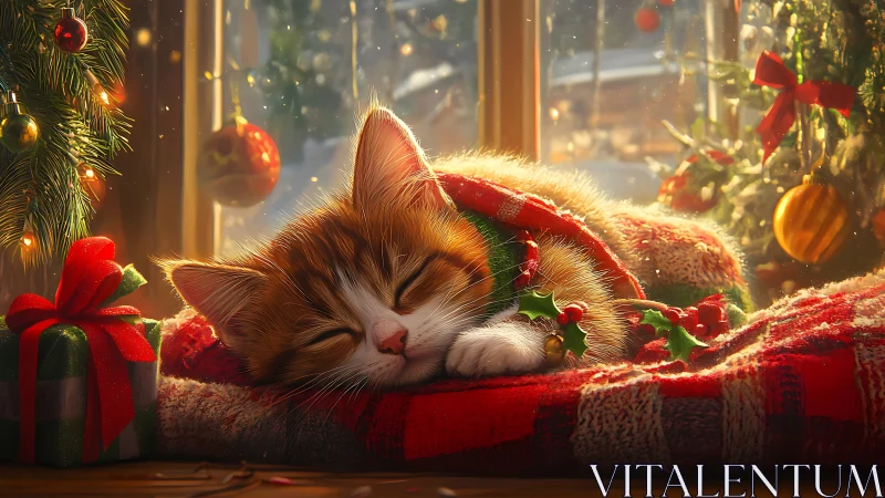 Feline micro-slumber amid high-luminance holiday bokeh.