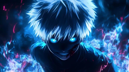 Glowing-eyed anime antihero emerges from crackling blue flame.
