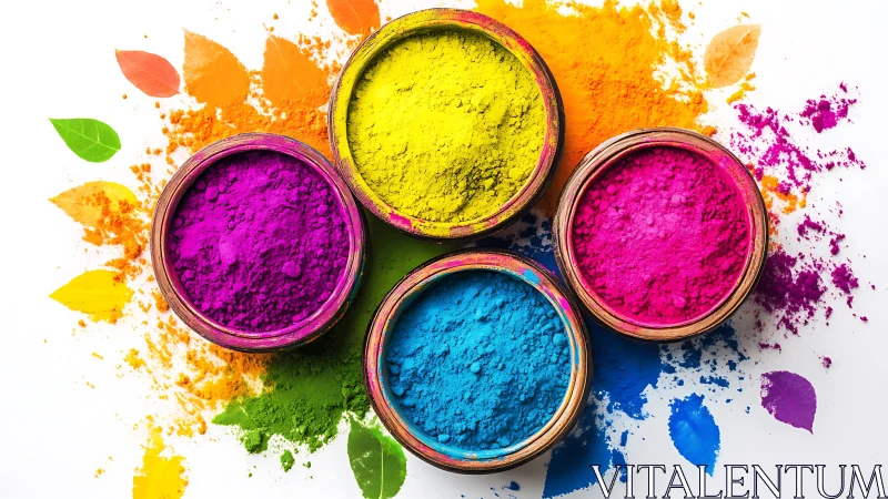 Powdered rainbow in copper bowls scattering joyful chaos.