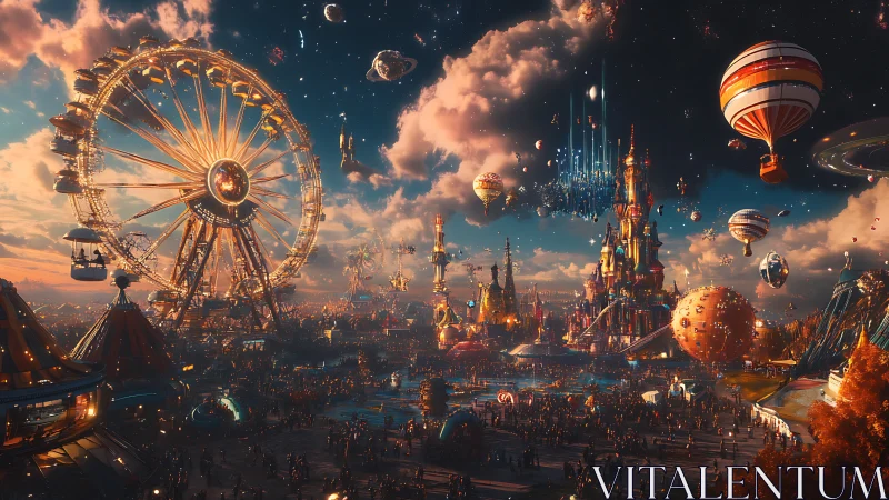Futuristic carnival with ferris wheel, balloons and castle.
