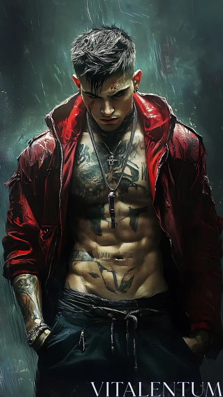 Brooding tattooed fighter in rain-soaked red jacket portrait.