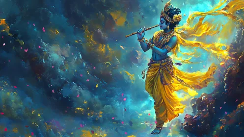 Celestial flute dancer draped in swirling golden starlight.