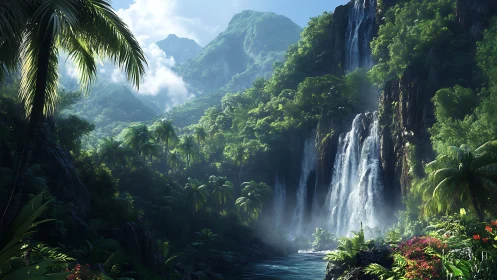 Lush tropical canyon with cascading jungle waterfall vista.