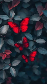 Scarlet butterflies hover over cool teal garden foliage.