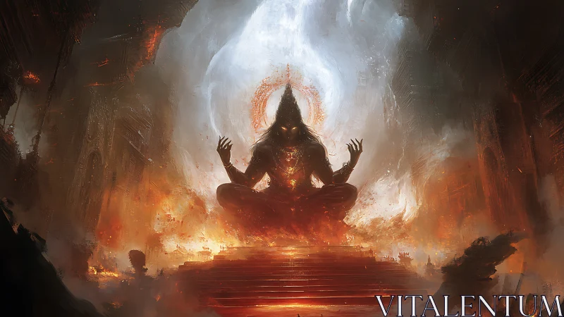 Fiery deity figure levitates above blazing temple steps