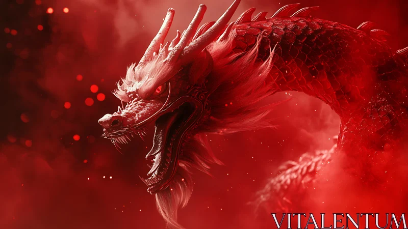 Cinematic 3D dragon portrait in red atmospheric haze.