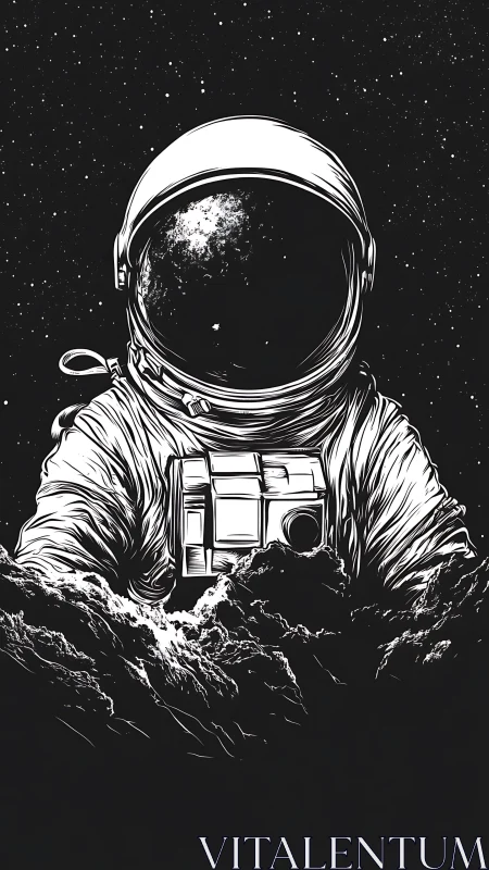 Lone astronaut drifts in space with stars in their visor.