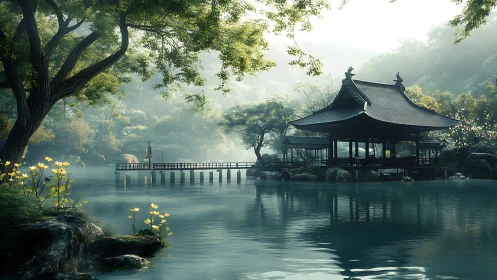 Serene lakeside Japanese pavilion rendered in soft digital light