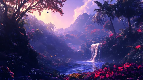 Luminous tropical waterfall dreaming beneath violet skies.