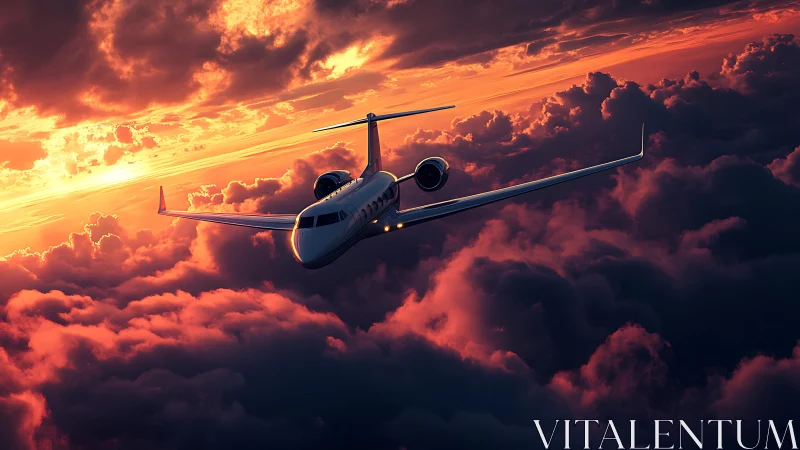 Sunset jet crossing luminous storm-tinted cloud oceans.