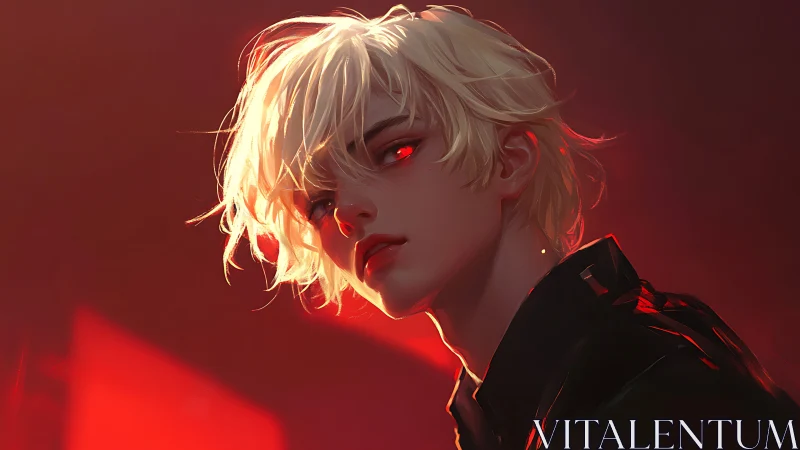 Blond anime-style character with glowing red eyes looks back