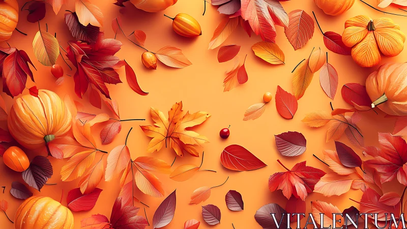 Autumn foliage and pumpkins arranged in high-saturation warm palette