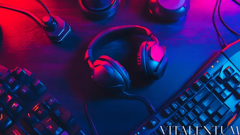 Gaming headset glows between RGB keyboards in neon light.
