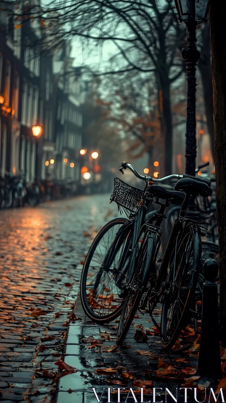 Bicycle on Wet European Street at Dusk