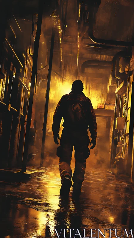 Figure walks through industrial corridor under backlit steam