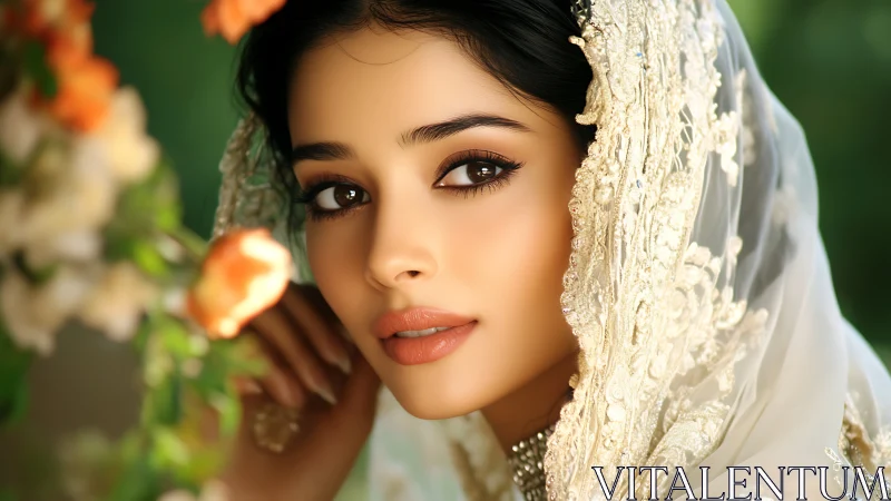 Soft gaze beneath embroidered veil in gentle garden light.