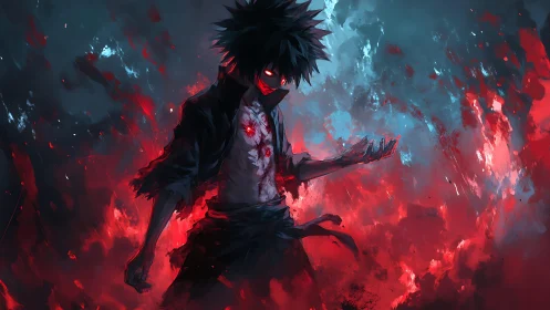 Dark-hearted warrior commands crimson flames in silence