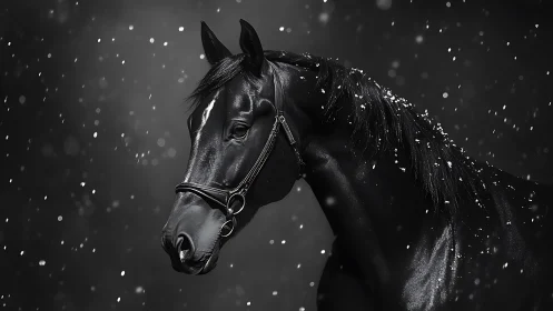 Glossy black horse in falling snow under dramatic low key lighting