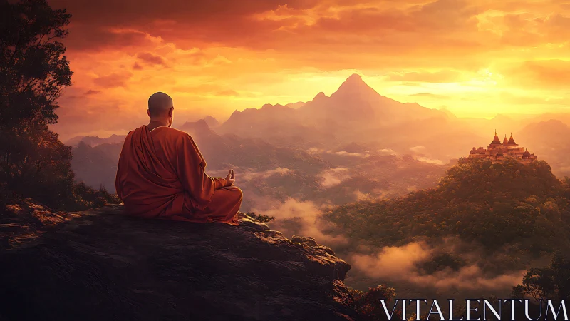 Solitary monk in sunrise meditation above misty valley.