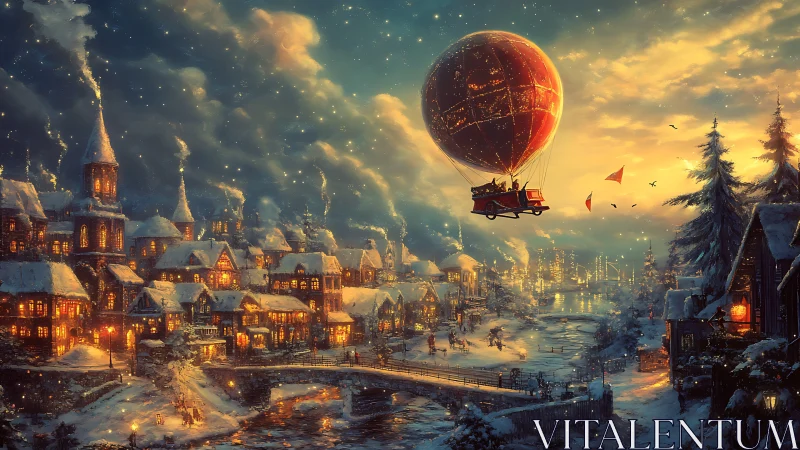 Snow covered townscape with hot air balloon over river at dusk.