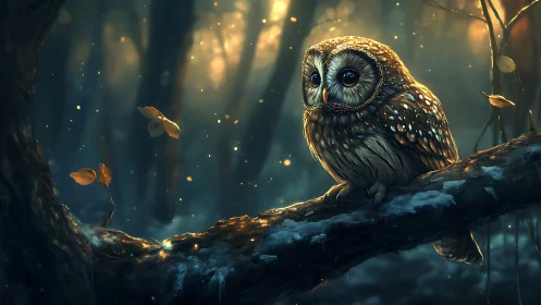 Enchanting Owl on Forest Branch in Magical Evening Light.