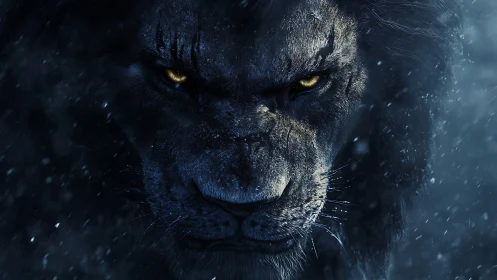Midnight lion gaze glowing through swirling winter storm.