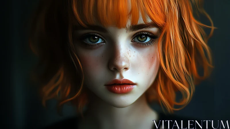 Close portrait of orange haired girl with intense gaze.