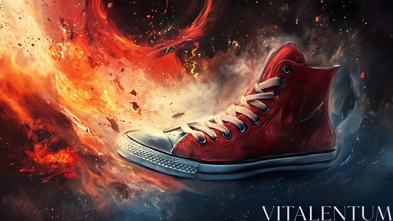 Fiery red sneaker blazes forward through swirling cosmic sparks
