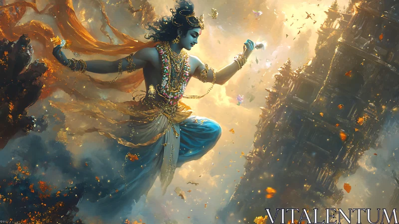 Celestial deity in dynamic aerial pose amid crumbling temple spires