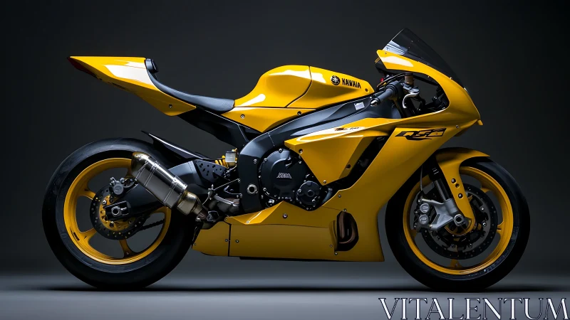 Yellow sport motorcycle stands in sleek studio lighting.
