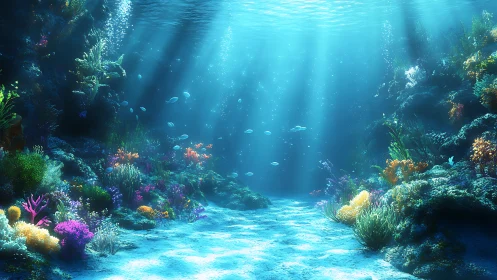 Sunlit digital coral reef with colorful marine life.