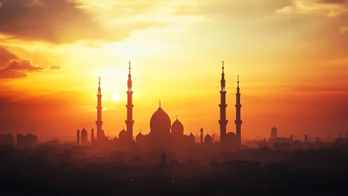 Silhouetted mosque skyline under radiant sunset gradients.