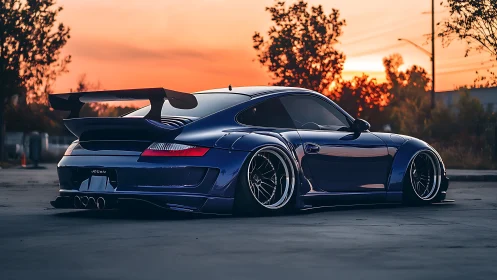 Low-slung blue sports car waits under a blazing urban sunset