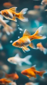 Shallow-depth aquatic study of orange and white goldfish school.