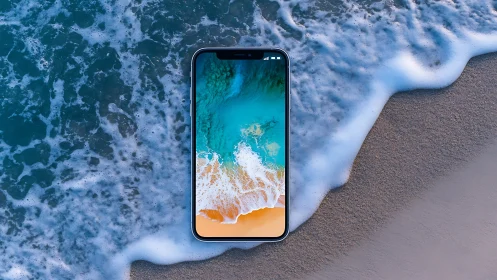 Smartphone screen mirrors shoreline wave in vivid symmetry.