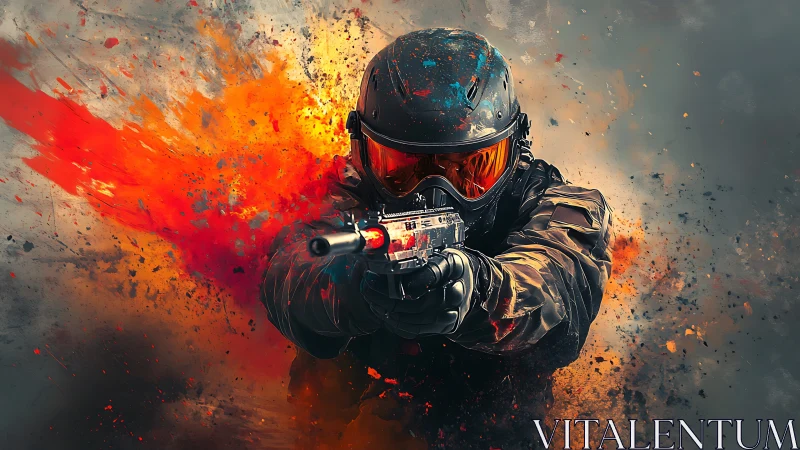Paint-splashed trooper erupts forward in blazing digital fury