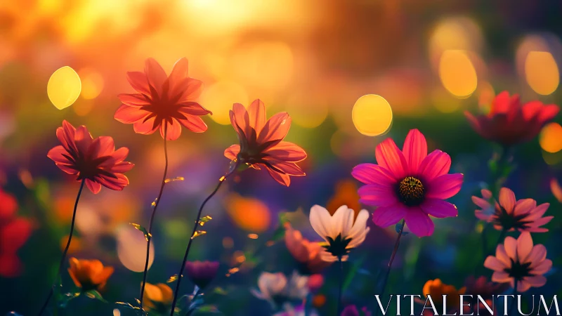Bokeh-illuminated Dahlias and Coreopsis in Golden Hour Depth Field