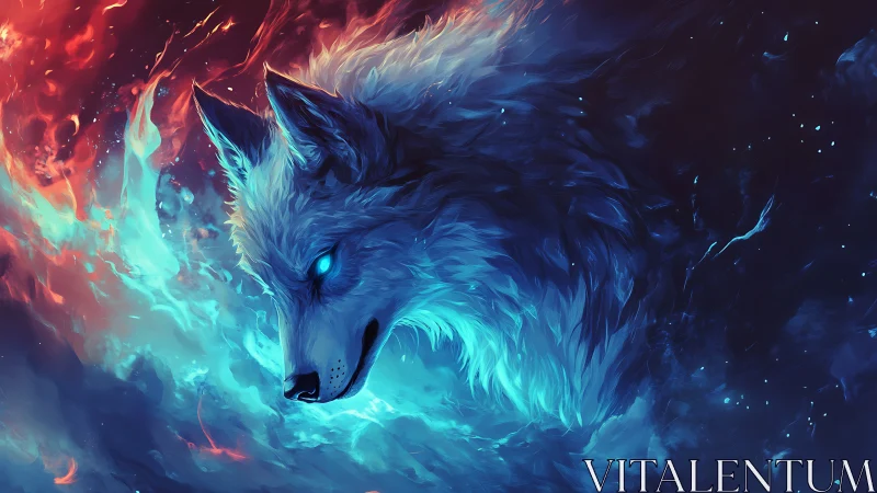 Luminous frostwolf drifts between embers and cosmic tide.