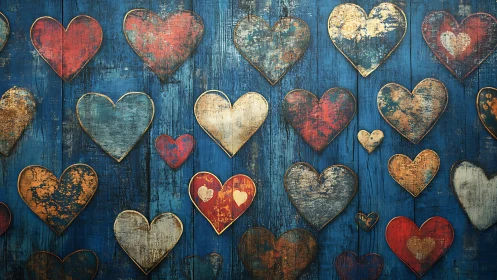 Distressed hearts arranged on weathered blue wooden surface.