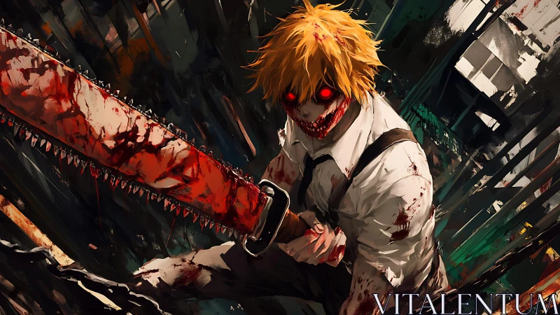 Chainsaw-headed demon hunter charges through blood-soaked wreckage