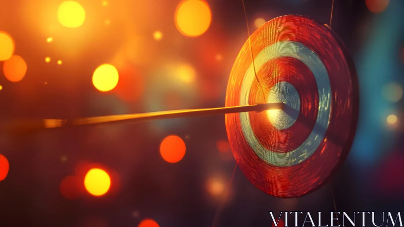 Arrow Hitting Bullseye on Target with Vibrant Bokeh Lighting.
