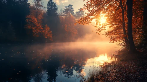 Low-angle autumn riverside scene with volumetric sunrise haze