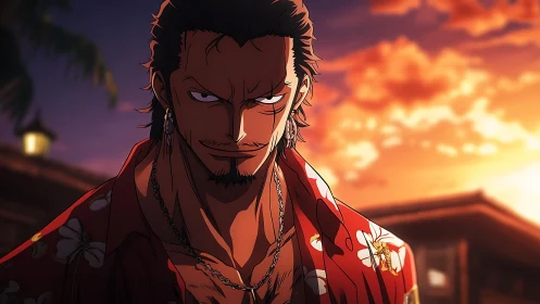Intense anime gangster under tropical sunset sky.