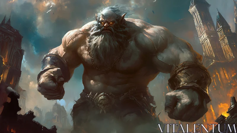 Titan elder storms a burning citadel with thunderous resolve