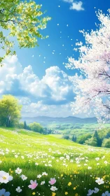 High-saturation digital spring meadow under volumetric clouds.