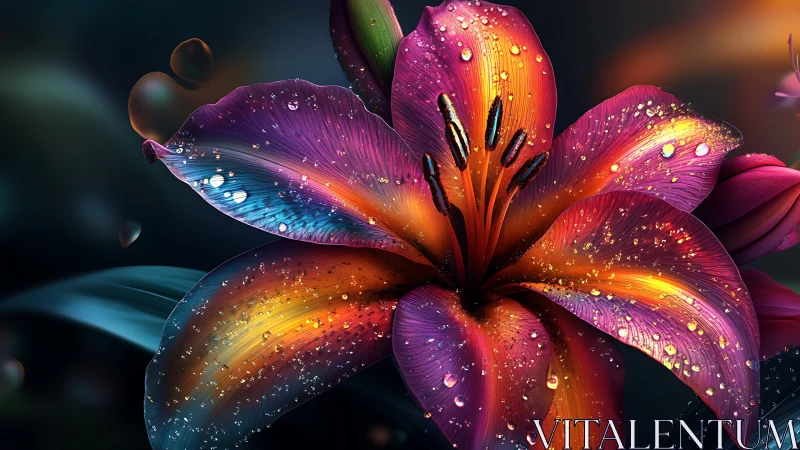 Luminescent Gradient Flower with Water Droplets on Dark Background.