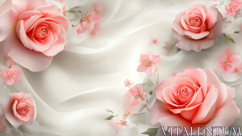 Pink Roses and Blossoms on Luminous White Fabric.