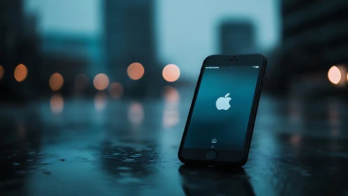 iPhone on wet surface with urban bokeh background.